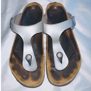 Birkenstock Gizeh Birko-Flor Silver Sandals - Size 39 Wide (US Women 8.5, Men 7)